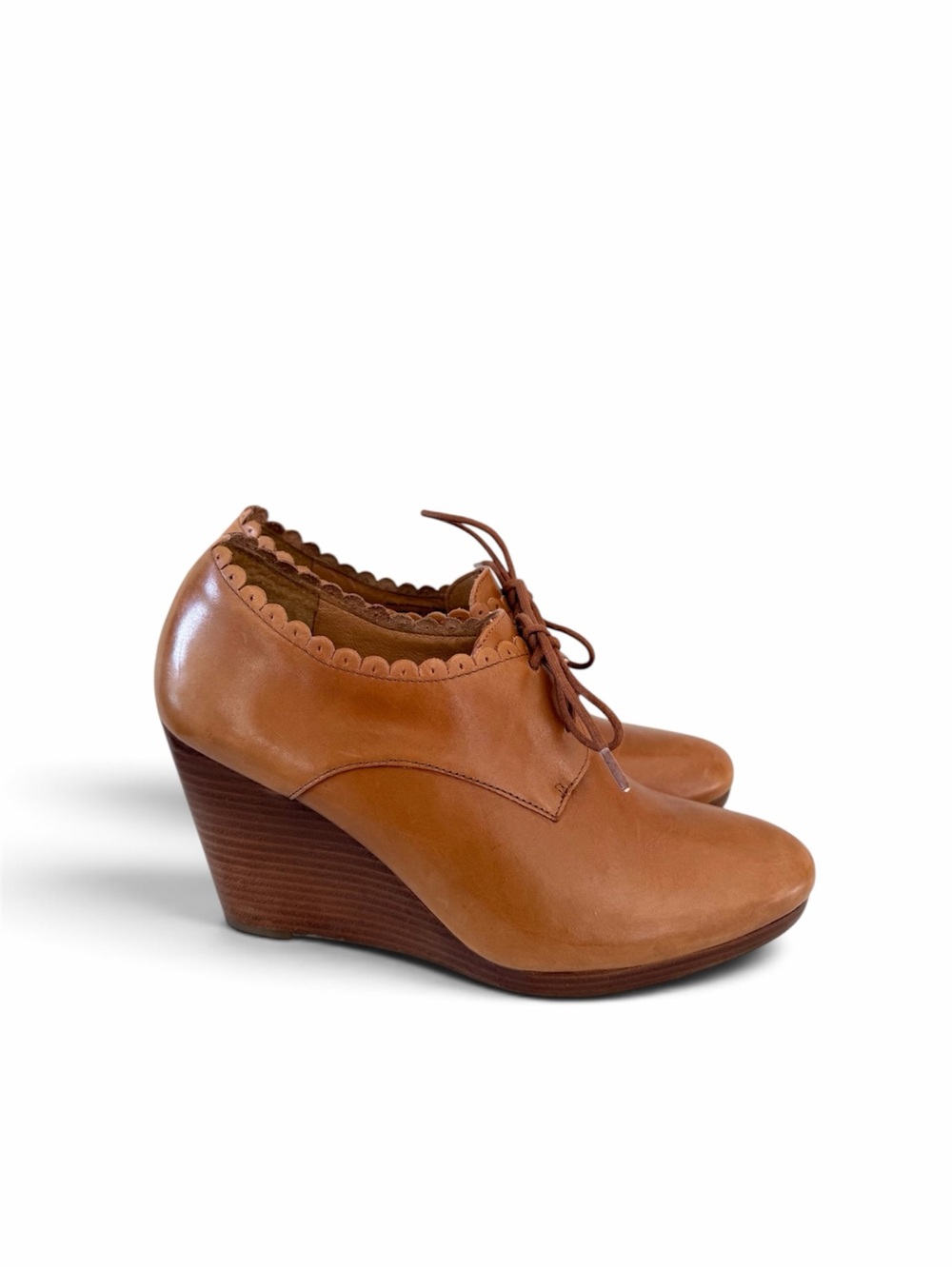 Jack Rogers Cognac Leather Scalloped Lace-Up Wedge Oxford Shoes 9.5